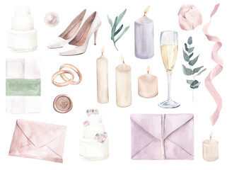 Watercolor Set with Wedding Elements: Shoes, Candles, Rings on White Background. Perfect for invitation and social media.