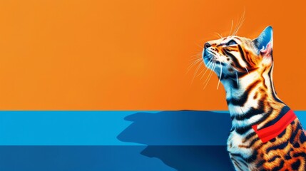 Obraz premium A bengal cat looking up at something off camera with a solid orange background and a blue foreground.