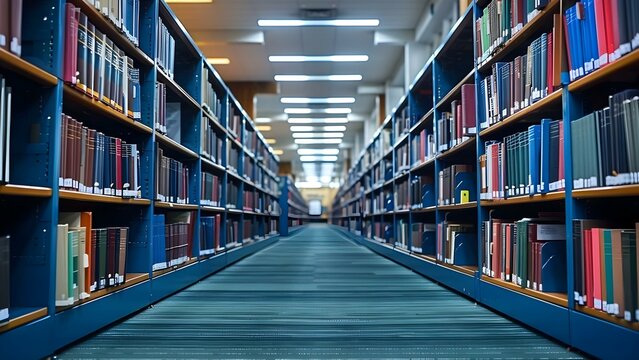 Blurry image of empty college library evokes peaceful atmosphere symbolizing education. Concept Education, College life, Peaceful ambiance, Empty spaces, Blurry images