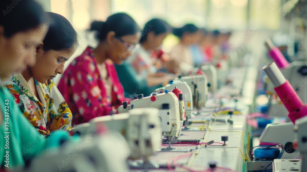 Aufkleber a row of garment workers in a factory using solarpowered sewing machines to create ethicallymade clo