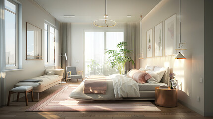 A bright and airy bedroom with a palette of soft pastels and pops of vibrant color, accented by...