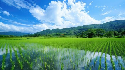 Vast and stunning green crop fields sprawl across the landscape accompanied by majestic hills and lush towering trees The paddy fields brim with crystal clear water mirroring the sky and flu