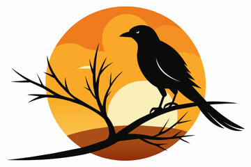 Bird Silhouette on Sunset Branch Vector Illustration for Wall Art & Posters white background