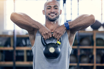 Fitness, kettlebell and portrait with bodybuilder man in gym for strength training or workout....
