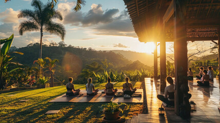 A group of people are sitting on the grass in a field, enjoying the sunset