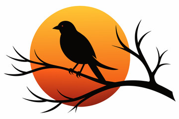 Fototapeta premium Bird Silhouette on Sunset Branch Vector Illustration for Wall Art & Posters white background