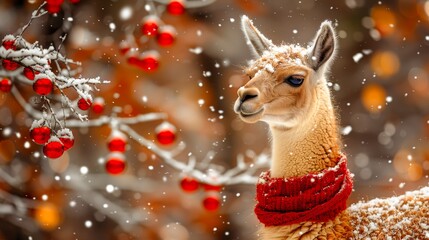 Fototapeta premium A llama wearing a red scarf standing in a snowy forest.