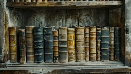 Medieval gothic library with ancient books on old wooden shelves. Concept Medieval, Gothic, Library, Ancient Books, Wooden Shelves