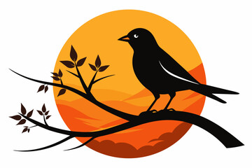 Bird Silhouette on Sunset Branch Vector Illustration for Wall Art & Posters white background