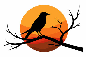 Fototapeta premium Bird Silhouette on Sunset Branch Vector Illustration for Wall Art & Posters white background