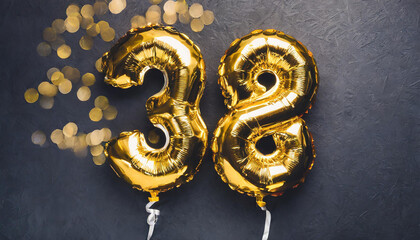 Banner with number 38 golden balloon. Thirty eight years anniversary celebration. Black background.