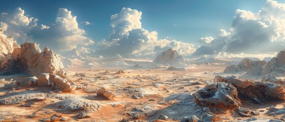 Dramatic Digital Painting of Desiccation-Tolerant Microbes Thriving in Rugged Volcanic or Desert Landscape with Cinematic Lighting and Atmospheric