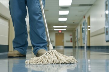 Janitor Mopping Floor in Hospital Hallway