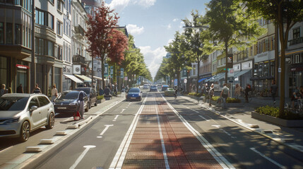 A busy city street with a red and white striped road - Powered by Adobe