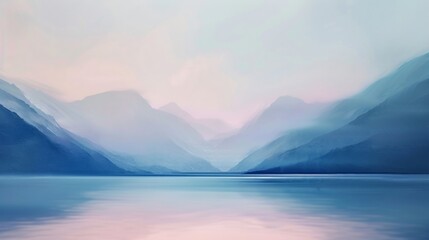 Soft pastel shades blur together revealing only glimpses of towering peaks and serene valleys teasing the imagination with the secrets that lie over the defocused horizon. . - obrazy, fototapety, plakaty