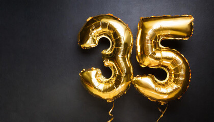 Banner with number 35 golden balloon. Thirty five years anniversary celebration. Black background.