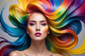 Beautiful young woman with developing hair in a rainbow polish.  AI generative.