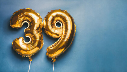 Banner with number 39 golden balloon. Thirty nine years anniversary celebration. Blue background.