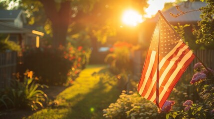 American Flag in Home Garden at Golden Hour