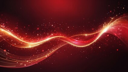 Ruby Red Background, Electronic Autograph Adorned with Sparkling Particles, Waves of Ruby, and Areas of Intensity. Golden Light Trails Illuminate the Environment. - obrazy, fototapety, plakaty