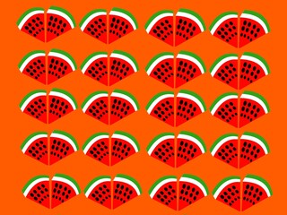 a digital design  of a pattern of  slices  of a watermelon in a orange background