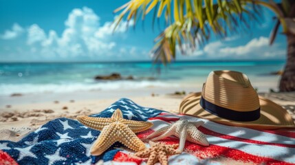 Tropical Beach Scene with American Flag Towel and Straw Hat