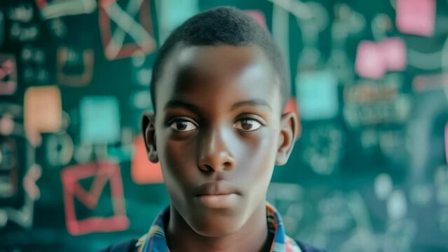 A thoughtful young black student stands in front of a blackboard filled with complex mathematics, exuding a sense of focus and intelligence. Learning and self-development. African education