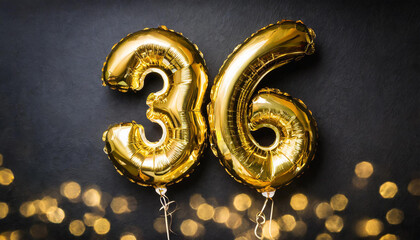 Banner with number 36 golden balloon. Thirty six years anniversary celebration. Black background.