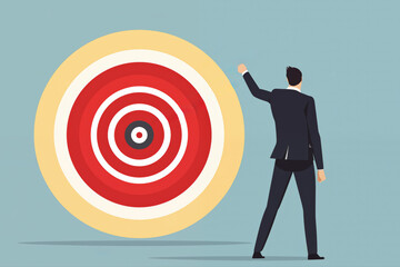 Business graphic vector modern style illustration of a business person with a target board representing hitting common goals, aims, achievements, for pay rise promotion or company growth meeting