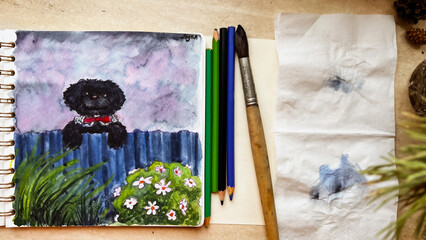 Funny black toy poodle puppy leaning on rural fence in countryside. Idyllic illustration with cute dog in garden in anime style. Watercolor sketching. Film grain texture. Soft focus. Blur