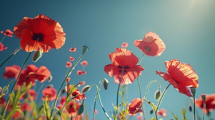 Fototapeta premium Delicate Red Poppies Clear Blue Sky Contrast
