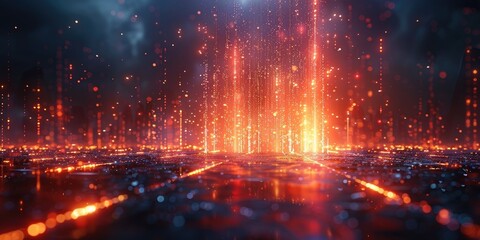 Fototapeta premium Intricate Firewall System Visualized as Towering Glowing Barrier Against Dark Ominous Digital Landscape with Flowing Data Streams,Emphasizing