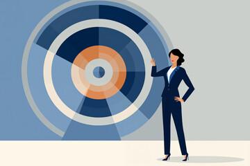 Business graphic vector modern style illustration of a business person with a target board representing hitting common goals, aims, achievements, for pay rise promotion or company growth meeting