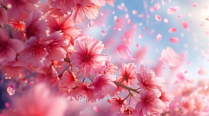 Delicate Pink Cherry Blossoms Swaying in the Breeze Ethereal Floral Landscape with Soft Petals Floating in the Air