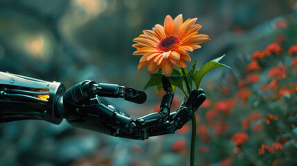 Robotic hand reaching flower on garden background. Concept art.