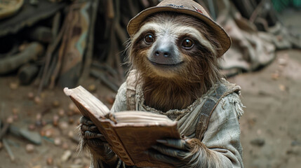 Naklejka premium A sloth wearing a hat is reading a book in the jungle