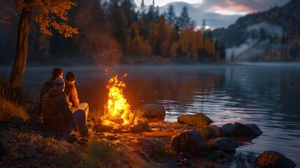 Campfire Storytelling on an Autumn Evening by the Lake