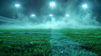 A detailed and atmospheric depiction of a textured soccer game field under a mysterious neon fog at...