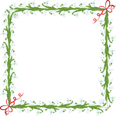 Floral frame.  A square spring frame made of snowdrops with a bow. Spring composition of snowdrops. 