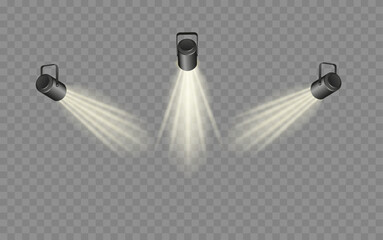 Spotlight lighting. Light source studio lighting walls spotlight. Light beams light effect. Vector