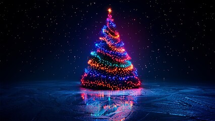 Christmas tree. Looped Christmas snow. Midnight snowfall. Neon. Noel. Loop. Generative AI. - obrazy, fototapety, plakaty