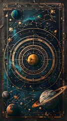 Antique Astrological Celestial Map of the Cosmos and Zodiac Constellations in Vintage Fantasy Space Art Style