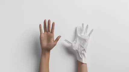 Foto op Plexiglas Hand next to an inflated glove, creating a contrast and illusion. © Ritthichai