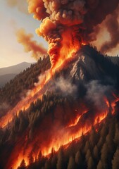 Against the backdrop of a fiery sunset, billowing clouds of smoke rise ominously into the darkening sky, signaling the dangerous intensity of a raging forest blaze. - obrazy, fototapety, plakaty