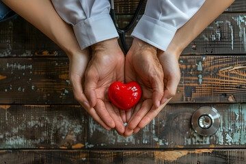 Family holding small red heart in hands, symbolic of valentine day, healthcare and hospital medical concept