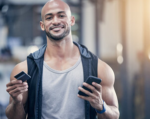 Credit card, phone and portrait with bodybuilder man in gym for strength training or workout....