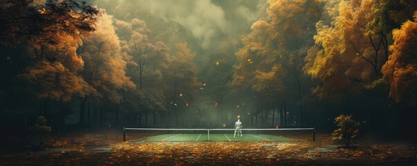 Autumn tennis court. Outdoor tennis sport play ground - obrazy, fototapety, plakaty