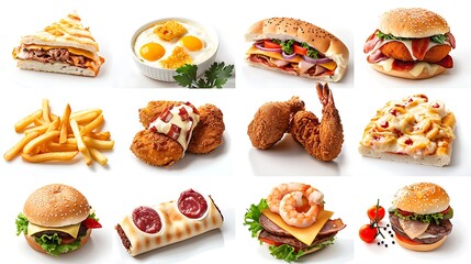 All Fast Food collection set, isolated on white background, Fried chicken, fries, pizza, sandwich, chicken nuggets, eggs and bacon, shawarma, prawns, Junk food of Fast Food set, Closeup of fast foods