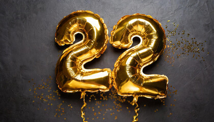 Banner with number 22 golden balloon. Twenty two years anniversary celebration. Black background.