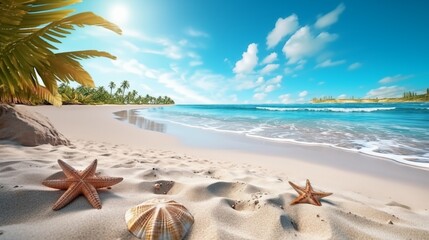 Sunny tropical beach with turquoise water, summer holidays vacation background, seashells in sand, palm tree on the beach.